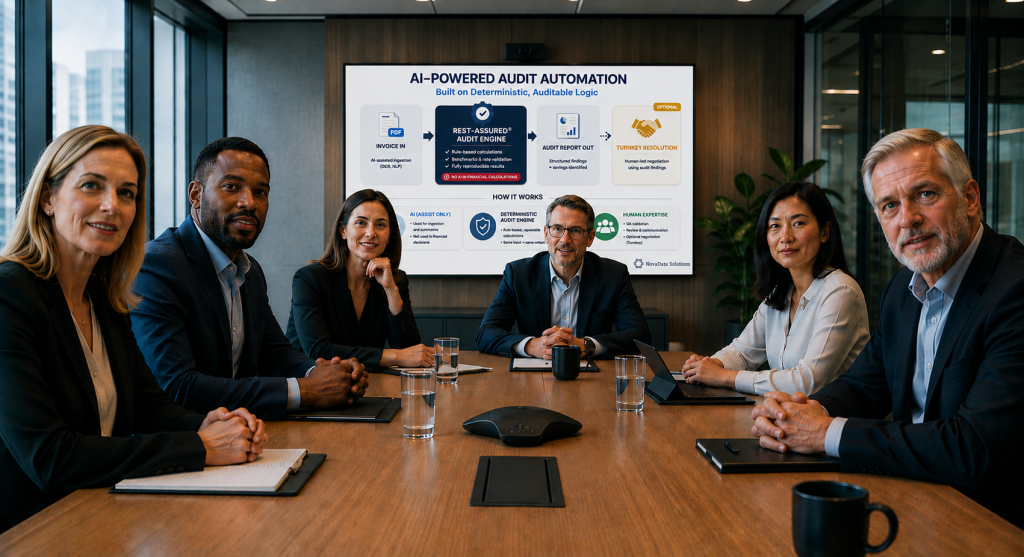 Team reviewing deterministic AI-powered claims audit workflow at NovaData Solutions.
